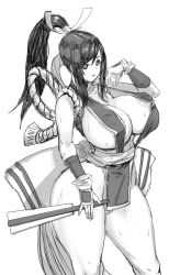Rule 34 | 1girl, amamiya (abaros), breasts, fatal fury, female focus, large breasts, monochrome, ponytail, rope, shiranui mai, simple background, snk, solo, the king of fighters