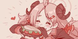 Rule 34 | 1girl, ahoge, blue archive, blush, bow, burger, closed eyes, eating, food, gloves, hair bow, hair ornament, hairclip, halo, happy, heart, horns, izumi (blue archive), long sleeves, lowres, maibotsumou, monochrome, red theme, solo, twintails, upper body