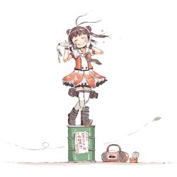 Rule 34 | 1girl, antenna hair, bad id, bad twitter id, boombox, brown hair, double bun, dress, drum (container), false smile, full body, gloves, gomennasai, hair bun, hitachi magic wand, kantai collection, leaf, motion lines, naka (kancolle), naka kai ni (kancolle), pinky out, sailor dress, sex toy, smile, solo, tears, thighhighs, tin can, tongue, tongue out, translation request, turret, vibrator, white gloves, zettai ryouiki