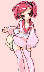 Rule 34 | 00s, 1girl, blush, blush stickers, final fantasy, final fantasy unlimited, flat chest, hair bobbles, hair ornament, hand on thigh, hayakawa ai, japanese clothes, kimono, kimono skirt, leaning forward, looking at viewer, najimi shin, pink background, pink hair, short kimono, simple background, smile, solo, thighhighs, zettai ryouiki