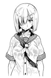 Rule 34 | 10s, 1girl, breasts, greyscale, hair ornament, hair over one eye, hairclip, hamakaze (kancolle), kantai collection, large breasts, looking at viewer, monochrome, nathaniel pennel, neckerchief, school uniform, serafuku, short hair, short sleeves, simple background, solo, upper body, wet, wet clothes, white background