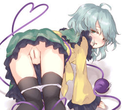 Rule 34 | 1girl, ahoge, all fours, anus, anus peek, blouse, blush, censored, commentary request, feet out of frame, frilled shirt collar, frills, from behind, furobai (onunku), green eyes, green skirt, hair between eyes, half-closed eyes, heart, heart of string, komeiji koishi, light green hair, long sleeves, looking at viewer, looking back, mosaic censoring, no headwear, nose blush, open mouth, panties, panty pull, petticoat, pussy, shirt, skirt, solo, thighhighs, third eye, touhou, underwear, upskirt, wide sleeves, yellow shirt