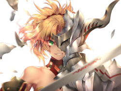 Rule 34 | 1girl, armor, blonde hair, blood, blood from mouth, blood on face, broken armor, collarbone, detached sleeves, fake horns, fate/grand order, fate (series), floating hair, green eyes, grin, hair ornament, hair scrunchie, helm, helmet, highres, holding, holding sword, holding weapon, horned helmet, horns, looking at viewer, mordred (fate), mordred (fate/apocrypha), nasaniliu, ponytail, portrait, red scrunchie, scrunchie, short hair, simple background, single bare shoulder, smile, solo, sword, weapon, white background