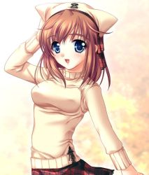 Rule 34 | 1girl, :d, artist request, blue eyes, brown hair, character request, hand on headwear, happy, hat, open mouth, short hair, skirt, smile, solo, source request, sweater, turtleneck, unmoving pattern