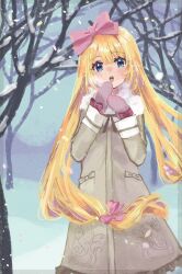 Rule 34 | 1girl, absurdres, bare tree, blonde hair, blue eyes, bow, coat, commentary request, eyelashes, grey coat, hair bow, highres, long hair, long sleeves, mittens, open mouth, original, outdoors, rattorun, snow, snowing, solo, tree, very long hair, winter, winter clothes