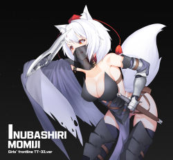 Rule 34 | 1girl, absurdres, animal ears, bare shoulders, black thighhighs, breasts, cleavage, collarbone, commentary request, commission, crossover, eyelashes, girls&#039; frontline, gun, hair between eyes, handgun, hat, highres, holding, holding gun, holding weapon, inubashiri momiji, large breasts, leaning forward, migu (iws2525), mouth veil, no panties, pixiv commission, red eyes, solo, sword, tail, thighhighs, tokarev (girls&#039; frontline), tokarev (griffin&#039;s dancer) (girls&#039; frontline), tokin hat, touhou, vambraces, veil, weapon, white hair, wolf ears, wolf tail