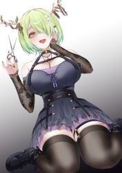 Rule 34 | 1girl, alternate costume, black dress, black nails, blush, boots, breasts, ceres fauna, corset, detached sleeves, dress, floral print, flower, flower on head, garter straps, gradient background, green hair, highres, hololive, hololive english, horns, kneeling, large breasts, mintz912, mole, mole under eye, nails, one eye covered, open mouth, pantyhose, rose print, scissors, short hair, smile, suspenders, virtual youtuber, yandere, yellow eyes
