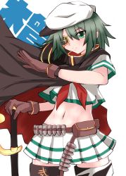 Rule 34 | 1girl, absurdres, ammunition belt, black cape, brown gloves, cape, character name, closed mouth, commentary, cowboy shot, crop top, crop top overhang, cutlass, eyepatch, gloves, green eyes, green hair, groin, hair between eyes, hat, highres, kantai collection, kiso (kancolle), kiso kai ni (kancolle), kitahama (siroimakeinu831), looking at viewer, medium hair, midriff, navel, neckerchief, pleated skirt, sailor hat, school uniform, serafuku, short sleeves, sidelocks, skirt, solo, standing, thighhighs, white background, white hat, white serafuku, white skirt, zettai ryouiki