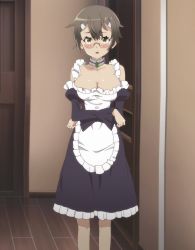 Rule 34 | 10s, 1girl, apron, blush, breasts, brown hair, choker, cleavage, crossed arms, glasses, green eyes, hair ornament, highres, koganuma minori, large breasts, maid, maid apron, outbreak company, rimless eyewear, screencap, short hair, solo, standing, stitched, third-party edit