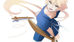 Rule 34 | 1boy, aether (genshin impact), arm behind back, blonde hair, genshin impact, highres, holding, holding sword, holding weapon, jinbei (clothes), open mouth, short hair, smile, solo, sword, twitter username, weapon, wooden sword, yellow eyes, yuushiba