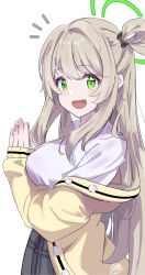 Rule 34 | 1girl, absurdres, blue archive, blush, breasts, brown hair, commentary request, green eyes, hair between eyes, hair ornament, halo, highres, jacket, large breasts, looking at viewer, nazmocha, nonomi (blue archive), open mouth, own hands together, school uniform, signature, solo, white background