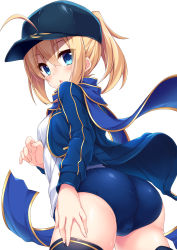 Rule 34 | 1girl, absurdres, ahoge, artoria pendragon (fate), ass, baseball cap, black thighhighs, blonde hair, blue eyes, blue jacket, blue scarf, blush, chestnut mouth, fate (series), from behind, hat, highres, jacket, looking at viewer, looking back, mysterious heroine x (fate), rojiura satsuki: chapter heroine sanctuary, scarf, short hair, simple background, solo, thighhighs, track jacket, wakagi repa, white background