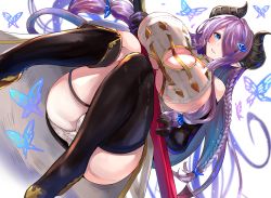 Rule 34 | 1girl, black gloves, black thighhighs, blue eyes, blush, braid, breasts, bug, bursting breasts, butterfly, draph, dutch angle, gloves, granblue fantasy, hair ornament, hair over one eye, highres, horns, huge breasts, insect, katana, light purple hair, long hair, looking at viewer, narmaya (granblue fantasy), panties, pantyshot, parted lips, pointy ears, rihito akane, sideboob, single braid, single thighhigh, sitting, smile, solo, sword, thigh strap, thighhighs, underwear, very long hair, weapon