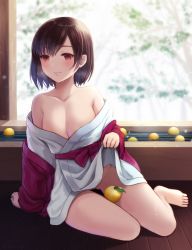 Rule 34 | 1girl, absurdres, arm support, bare shoulders, barefoot, between legs, blurry, blush, breasts, breath, brown eyes, brown hair, clothes lift, collarbone, depth of field, dripping, food, fruit, gluteal fold, groin, highres, indoors, japanese clothes, kimono, kimono lift, kuroneko13x, lifted by self, looking at viewer, no bra, no panties, off shoulder, on floor, onsen, open clothes, open kimono, original, parted bangs, red kimono, sash, short hair, sitting, smile, snowing, solo, tree, water, wet, wide sleeves, wooden floor, yokozuwari, yukata, yuzu (fruit)