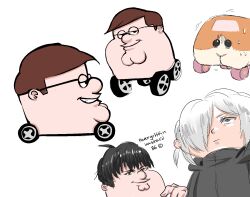 Rule 34 | 3boys, ahoge, black hair, character request, cosplay, dababy (rapper), family guy, kowai (iamkowai), meme, multiple boys, original, peter griffin, short twintails, stewie griffin, sweat, twintails, white hair, yellow eyes