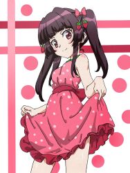Rule 34 | 1girl, black hair, bow, breasts, dress, food, food-themed hair ornament, frilled dress, frills, fruit, hair bow, hair ornament, highres, keeemu (gouf2016), long hair, looking at viewer, pink eyes, polka dot, red dress, senki zesshou symphogear, skirt hold, sleeveless, sleeveless dress, small breasts, smile, solo, strawberry, strawberry hair ornament, tsukuyomi shirabe, twintails