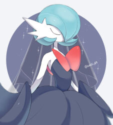 Rule 34 | alternate color, artist name, blue hair, closed eyes, closed mouth, colored skin, commentary request, creatures (company), game freak, gardevoir, gen 3 pokemon, grey background, highres, iwasi 29, mega gardevoir, mega pokemon, nintendo, pokemon, pokemon (creature), shiny pokemon, sparkle, twitter username, two-tone background, veil, white background, white skin