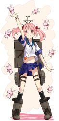 Rule 34 | 10s, 1girl, rabbit, commentary request, hair bobbles, hair ornament, highres, kantai collection, max melon, panties, pink eyes, pink hair, pink panties, pleated skirt, sazanami (kancolle), school uniform, serafuku, skirt, smile, solo, twintails, underwear