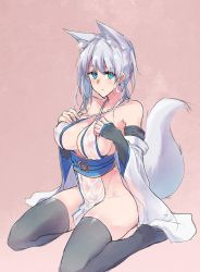 Rule 34 | 1girl, animal ear fluff, animal ears, bare shoulders, beige background, black thighhighs, blue sash, blush, breasts, cleavage, closed mouth, collarbone, commentary request, detached sleeves, ear piercing, fox ears, fox girl, fox tail, green eyes, hair between eyes, hands on own chest, japanese clothes, large breasts, long hair, looking at viewer, mole, mole on breast, navel, nipples, no panties, obi, original, piercing, sash, sawaya (mizukazu), silver hair, simple background, sitting, solo, stomach, tail, thighhighs, wet, wet clothes