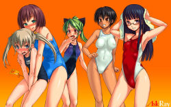 Rule 34 | 10s, 5girls, :q, ahoge, aihara ai, animal ears, armpits, arms up, asakura mao, black hair, blonde hair, blue eyes, blue hair, blush, bosshi, breasts, brown eyes, brown hair, bullying, clothes writing, competition swimsuit, covered erect nipples, covered navel, covering privates, covering crotch, crotch grab, drying, drying hair, embarrassed, fang, flat chest, futabu, glasses, green eyes, green hair, grin, groping, huge breasts, itou aya, large breasts, legs, long hair, multiple girls, name tag, navel, niimura akane, nipples, one-piece swimsuit, oohashi sumika, open mouth, orange eyes, ponytail, purple eyes, purple hair, red eyes, school swimsuit, see-through, short hair, silver hair, smile, standing, swimsuit, tongue, tongue out, towel, twintails, v arms, white one-piece swimsuit