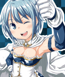 Rule 34 | 10s, 1girl, ;d, armband, armpits, blue eyes, blue hair, breasts, cape, cleavage, foreshortening, gloves, hand on own hip, highres, kaho (amal135), magical girl, mahou shoujo madoka magica, mahou shoujo madoka magica (anime), matching hair/eyes, medium breasts, miki sayaka, one eye closed, open mouth, short hair, smile, solo
