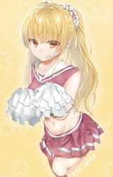Rule 34 | 1girl, absurdres, alternate costume, angel beats!, blonde hair, brown eyes, cheerleader, commentary request, cowboy shot, crop top, crop top overhang, hair ribbon, headset, highres, long hair, looking at viewer, microphone, midriff, pink skirt, pleated skirt, pom pom (cheerleading), ribbon, skirt, solo, star (symbol), starry background, twintails, yellow background, yusa (angel beats!), zuzuhashi