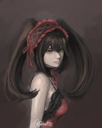 Rule 34 | 1girl, absurdres, bare arms, black choker, black hair, breasts, brown background, choker, closed mouth, date a live, dress, from side, gothic lolita, hairband, highres, lolita fashion, lolita hairband, long hair, medium breasts, neck ribbon, red dress, red eyes, red ribbon, ribbon, sleeveless, sleeveless dress, solo, spaghetti strap, tablicoart, tokisaki kurumi, twintails, twitter username, upper body, very long hair, yellow eyes