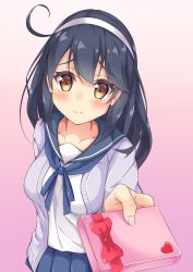 Rule 34 | 10s, 1girl, ahoge, andrew (fanlp3), black hair, blush, box, gift, gift box, hairband, heart, highres, holding, jacket, kantai collection, looking at viewer, pink background, pleated skirt, skirt, solo, sweater jacket, ushio (kancolle), valentine, yellow eyes