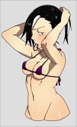 Rule 34 | 1girl, adjusting hair, arms up, bikini, bikini top only, black hair, black hood, blue eyes, border, breasts, colorized, cross, groin, hair over one eye, highres, jewelry, kamezaemon, micro bikini, mouth hold, multicolored hair, navel, necklace, no legs, original, ponytail, purple bikini, revision, rubber band, simple background, small breasts, solo, swimsuit, two-tone hair, white hair