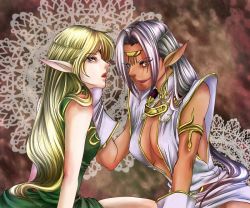 Rule 34 | 2girls, asapon (purinrin0524), blonde hair, breasts, circlet, dark skin, dark-skinned female, deedlit, doily, elbow gloves, elf, female focus, gloves, hand on another&#039;s face, jewelry, lipstick, long hair, makeup, multiple girls, naughty face, open mouth, parted lips, pirotess, pointy ears, profile, record of lodoss war, silver hair, sleeveless, snake, yuri
