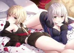 Rule 34 | 2girls, alternate costume, artoria pendragon (all), artoria pendragon (fate), ass, bed sheet, black dress, black ribbon, black shorts, blonde hair, blush, breasts, camisole, cleavage, curtains, dress, fate/grand order, fate (series), flower, fur-trimmed jacket, fur trim, hair ribbon, hand on own cheek, hand on own face, hand up, head rest, indoors, jacket, jeanne d&#039;arc (fate), jeanne d&#039;arc (ruler) (fate), jeanne d&#039;arc alter (fate), jeanne d&#039;arc alter (ver. shinjuku 1999) (fate), kneepits, large breasts, light smile, long hair, long sleeves, looking at viewer, looking back, low ponytail, lying, masuishi kinoto, medium breasts, multiple girls, official alternate costume, on bed, on side, on stomach, parted lips, petals, pillow, ponytail, red flower, red rose, ribbon, rose, saber (fate), saber alter, saber alter (ver. shinjuku 1999) (fate), short dress, short hair, short shorts, shorts, silver hair, sleeves past wrists, smile, thighs, yellow eyes, zipper