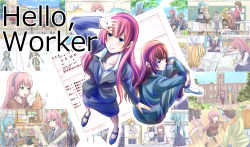 Rule 34 | artist self-reference, child, collage, fetal position, foreshortening, formal, hello worker (vocaloid), highres, holding, holding paper, jacket, megurine luka, nichijou, paper, suit, suit jacket, vocaloid, wooden floor, yakumoreo