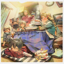 3boys 3girls animal_ears artist_name braid braided_ponytail brother_and_sister cat_ears chilchuck_tims chopsticks closed_eyes commentary cooking_pot cup dungeon_meshi falin_touden holding holding_chopsticks holding_cooking_pot holding_cup indoors izutsumi kadeart kotatsu laios_touden marcille_donato multiple_boys multiple_girls pointy_ears senshi_(dungeon_meshi) siblings smile smoke sweater table turtleneck turtleneck_sweater under_kotatsu under_table