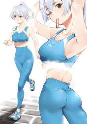 Rule 34 | 1girl, absurdres, alternate costume, armpits, arms up, ass, bare arms, bare shoulders, blue footwear, blue pants, blush, breasts, closed mouth, collarbone, fate/grand order, fate (series), high-waist pants, highres, medium breasts, mouth hold, multiple views, one eye closed, pants, parted lips, ponytail, red eyes, running, shoes, silver hair, simple background, sneakers, sports bra, stone floor, tight clothes, tight pants, tomoe gozen (fate), tying hair, vegetablenabe, white background, yoga pants