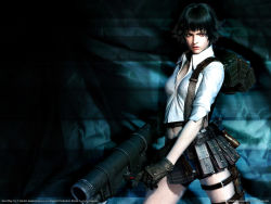 Rule 34 | 1girl, 3d, black hair, brown eyes, capcom, devil may cry (series), devil may cry 3, gloves, gun, heterochromia, highres, lady (devil may cry), midriff, miniskirt, official art, shirt, short hair, skirt, solo, strap, weapon