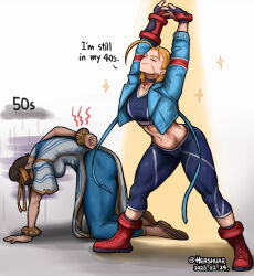 Rule 34 | 2girls, all fours, arched back, arm behind back, arms up, blonde hair, boots, cammy stretch (meme), cammy white, capcom, china dress, chinese clothes, choker, chun-li, closed eyes, cramp, crop top, cropped jacket, dress, facial scar, fingerless gloves, flats, gloves, hershuar, leaning forward, mature female, meme, multiple girls, own hands together, pants, red footwear, scar, scar on cheek, scar on face, smile, sparkle, street fighter, street fighter 6, stretching, tight clothes, tight pants