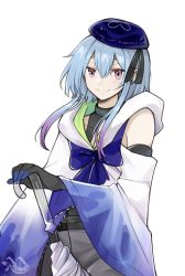 Rule 34 | 1boy, archimbek, arknights, bare shoulders, beret, black choker, black gloves, black ribbon, blue hair, blue hat, choker, closed umbrella, clothing cutout, commentary, cowboy shot, gloves, hat, hat ribbon, highres, infection monitor (arknights), long hair, male focus, mizuki (arknights), purple eyes, ribbon, shoulder cutout, simple background, smile, solo, umbrella, white background
