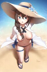 Rule 34 | 1girl, :o, beach, bikini, bikini bottom only, black hair, black neckerchief, blue bikini, blue eyes, braid, breasts, collared shirt, commentary request, driftkingtw, from above, hair between eyes, hair ornament, hair over shoulder, hairpin, hand on headwear, hat, kantai collection, large breasts, long hair, looking down, navel, neckerchief, nipples, no bra, ocean, official alternate costume, open clothes, open shirt, outdoors, paid reward available, sandals, shigure (kancolle), shigure kai san (kancolle), shirt, side-tie bikini bottom, signature, single braid, solo, straw hat, sun hat, swimsuit, thigh strap, toes, white shirt