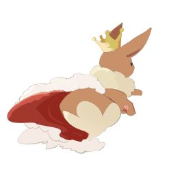 Rule 34 | animal focus, black eyes, cape, clothed pokemon, creatures (company), crown, eevee, from behind, full body, fur-trimmed cape, fur trim, game freak, gen 1 pokemon, highres, neck fur, nintendo, no humans, pawpads, pokemon, pokemon (creature), red cape, simple background, solo, takashi (pixiv 80298118), white background, yellow headwear