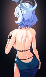 Rule 34 | 1girl, ako (blue archive), ako (dress) (blue archive), ass, back, bare back, bare shoulders, black background, blue archive, blue dress, blue hair, blue halo, breasts, butt crack, commentary request, dress, evening gown, from behind, gradient background, halo, highres, medium breasts, medium hair, official alternate costume, pankeiki, sideboob, single handcuff, solo
