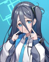 Rule 34 | 1girl, aris (blue archive), black hair, blue archive, blue background, blue eyes, collared shirt, commentary request, fingers to cheeks, hair between eyes, hair ornament, hairband, halo, index finger raised, jacket, long hair, long sleeves, looking at viewer, necktie, one side up, school uniform, shirt, sidelocks, simple background, smile, solo, yoku yoo