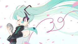 Rule 34 | 1girl, 39, absurdres, blush, cable, closed eyes, detached sleeves, from side, hand on headphones, hatsune miku, headphones, highres, holding, holding microphone, long hair, long sleeves, melle (m3113000), microphone, nail polish, necktie, open mouth, petals, profile, shirt, sleeveless, sleeveless shirt, smile, solo, twintails, upper body, very long hair, vocaloid, wind