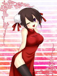 Rule 34 | 1girl, black thighhighs, blush, breasts, brown hair, china dress, chinese clothes, double bun, dress, female focus, gradient background, hair bun, highres, kanai amachi, large breasts, one eye closed, open mouth, original, purple eyes, short hair, smile, solo, thighhighs, wink