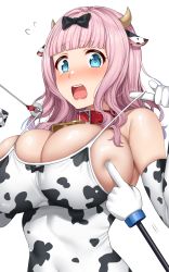 Rule 34 | 1girl, absurdres, animal ears, animal print, bell, bikini pull, blue eyes, blunt bangs, blush, bow, bowtie, breast poke, breasts, bursting breasts, cleavage, clothes pull, collar, cow ears, cow horns, cow print, cowbell, elbow gloves, embarrassed, fujiwara chika, full-face blush, gloves, hair bow, hands up, highres, horns, kaguya-sama wa kokurasetai ~tensai-tachi no renai zunousen~, large breasts, looking to the side, medium hair, neck bell, one-piece swimsuit, one-piece swimsuit pull, open mouth, pink eyes, poking, pulling another&#039;s clothes, raised eyebrows, red collar, sideboob, simple background, skindentation, solo, spoken sweatdrop, sweatdrop, swimsuit, tears, teeth, upper body, upper teeth only, white background, yakimi 27