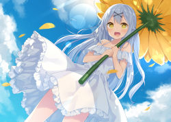 Rule 34 | 1girl, :d, bare shoulders, bekotarou, blue sky, blush, cloud, cloudy sky, collarbone, day, dress, dutch angle, flower, grey hair, hair ornament, hands up, holding, holding umbrella, lens flare, long hair, looking at viewer, open mouth, original, petals, see-through silhouette, sky, smile, solo, standing, sundress, sunflower, umbrella, white dress, x hair ornament, yellow eyes