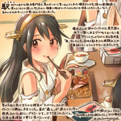 Rule 34 | 3girls, black hair, black tea, brown eyes, chopsticks, colored pencil (medium), commentary request, cup, dated, food, hairband, haruna (kancolle), headgear, holding, holding chopsticks, japanese clothes, kantai collection, kirisawa juuzou, kirishima (kancolle), kongou (kancolle), long hair, multiple girls, nontraditional miko, numbered, ribbon-trimmed sleeves, ribbon trim, smile, solo focus, tea, teacup, traditional media, translation request, twitter username, wide sleeves