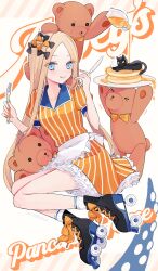 Rule 34 | 1388chan, 1girl, abigail williams (fate), alternate costume, animal, apron, black bow, blonde hair, blue eyes, bow, cat, dress, fate/grand order, fate (series), food, forehead, fork, frilled apron, frilled skirt, frills, hair bow, highres, holding, holding fork, holding knife, knife, long hair, looking at viewer, multiple hair bows, orange bow, pancake, pancake stack, parted bangs, polka dot, polka dot bow, pouring, roller skates, skates, skirt, souffle pancake, striped clothes, striped dress, stuffed animal, stuffed toy, teddy bear, vertical-striped clothes, vertical-striped dress, waist apron, waitress, white apron
