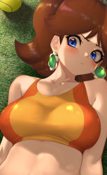 Rule 34 | 1girl, ball, bare shoulders, blue eyes, blush, breasts, brown hair, earrings, female focus, flower earrings, highres, jewelry, kashu (hizake), large breasts, looking at viewer, lying, mario (series), mario tennis, nintendo, on back, pout, pouty lips, princess daisy, solo, sports bra, super mario land, tagme, tennis ball, tomboy, upper body