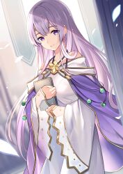 Rule 34 | 1girl, absurdres, bare shoulders, book, hugging book, breasts, cape, circlet, dress, fire emblem, fire emblem: genealogy of the holy war, highres, holding, holding book, hugging object, jewelry, julia (fire emblem), long hair, long sleeves, looking at viewer, medium breasts, nintendo, purple cape, purple eyes, purple hair, ry thae, smile, solo, wide sleeves