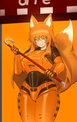 1girl :3 absurdres animal_ears armor black_armor borrowed_character breasts closed_mouth closing_door commentary cone_fop_(kalmoire) cowboy_shot crowbar crushing english_commentary facial_mark fang fox_ears fox_girl fox_tail greek_letters green_eyes half-life half-life_(series) half-life_1 hazmat_suit hev_suit highres holding holding_crowbar imminent_death kuri_(tastykuri) large_breasts long_hair long_sidelocks looking_at_viewer orange_armor orange_background orange_hair original slit_pupils smile solo standing tail two-tone_armor very_long_hair wide_hips